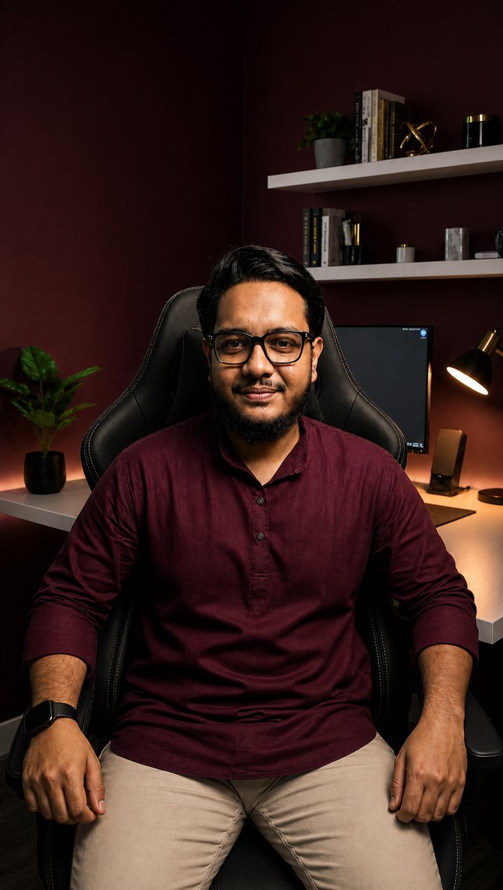Aiat seated at a desk in a maroon shirt