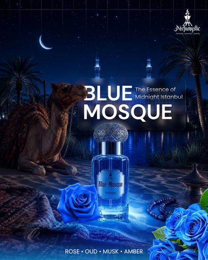 Blue Mosque perfume AI ad graphic